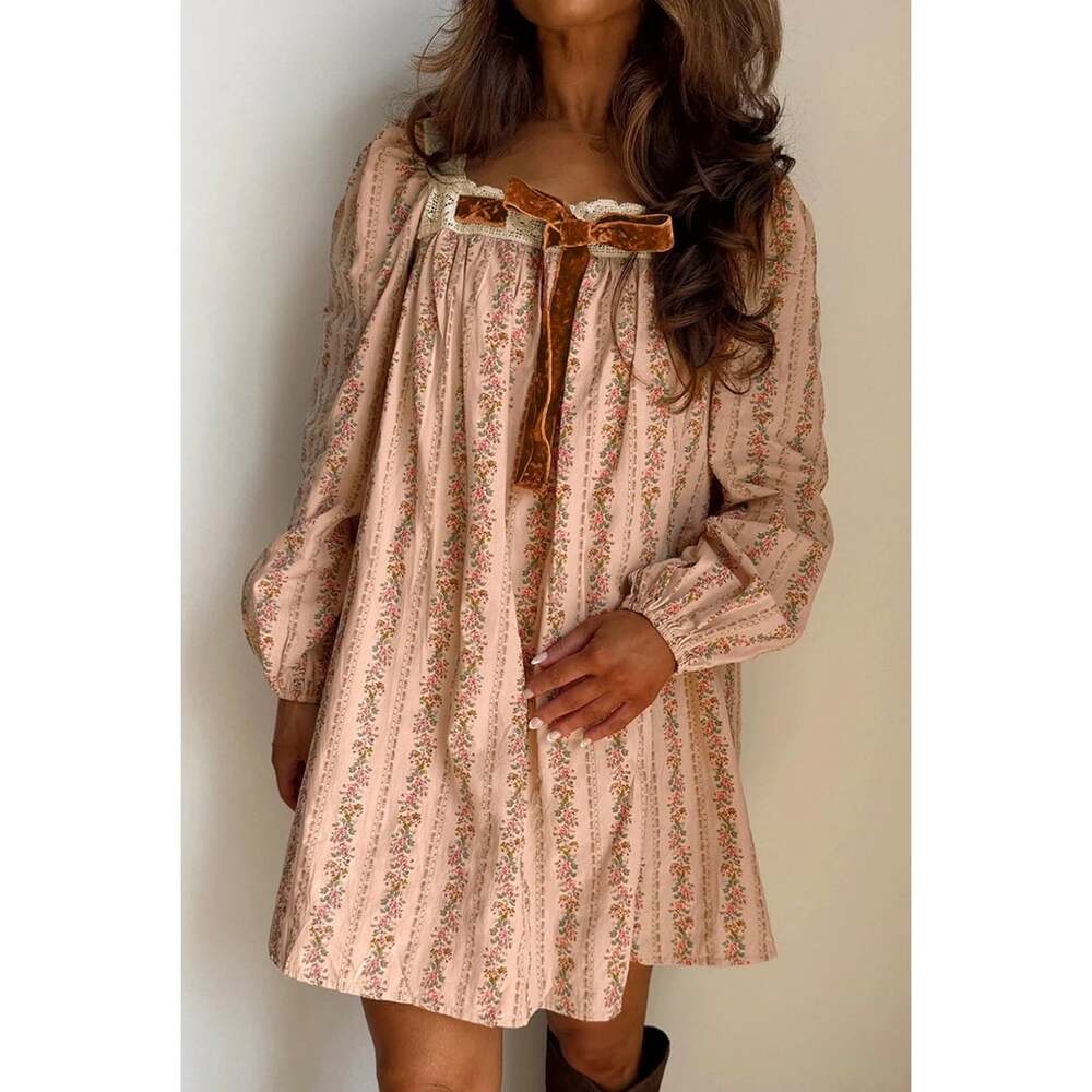 LovLov Floral Mini Dress M Pink Cottagecore Lace Velvet Bow Long Sleeve EUC